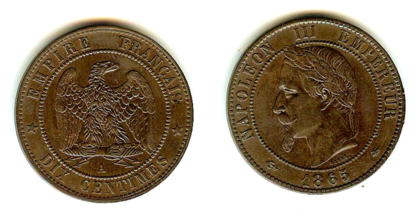 Dix centimes Napoléon III, tête laurée 1865 Paris SUP à SUP+